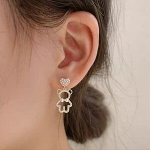 "Coquette Luxe" Pave Heart & Pearl Teddy Bear Drop Earrings